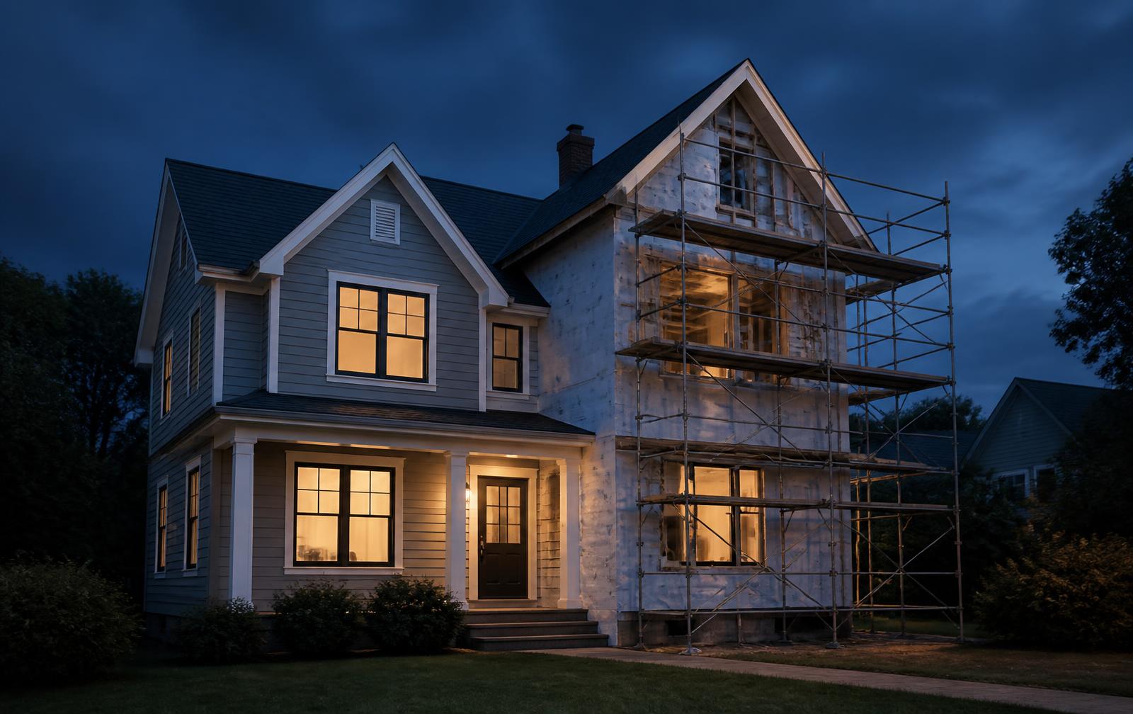 Half-renovated house at dusk with scaffolding and lit windows